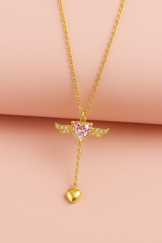 Gold-Plated Angel Wing Heart Pendant Necklace with Pink Crystal